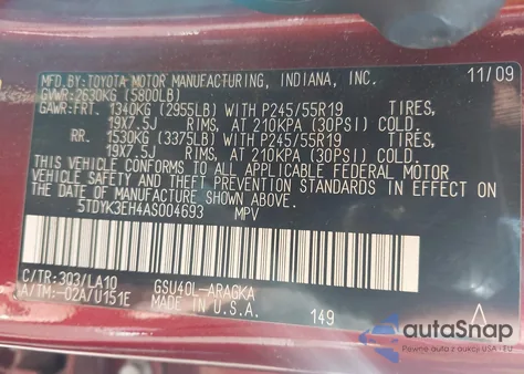 2010 Toyota Highlander Limited V6 из США, поврежденный, VIN 5TDYK3EH4AS004693